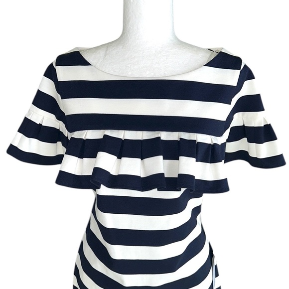 NWT Eliza J Ruffal Navy Blue & Ivory Striped Knit Sheath Dress - 12 - Picture 6 of 16